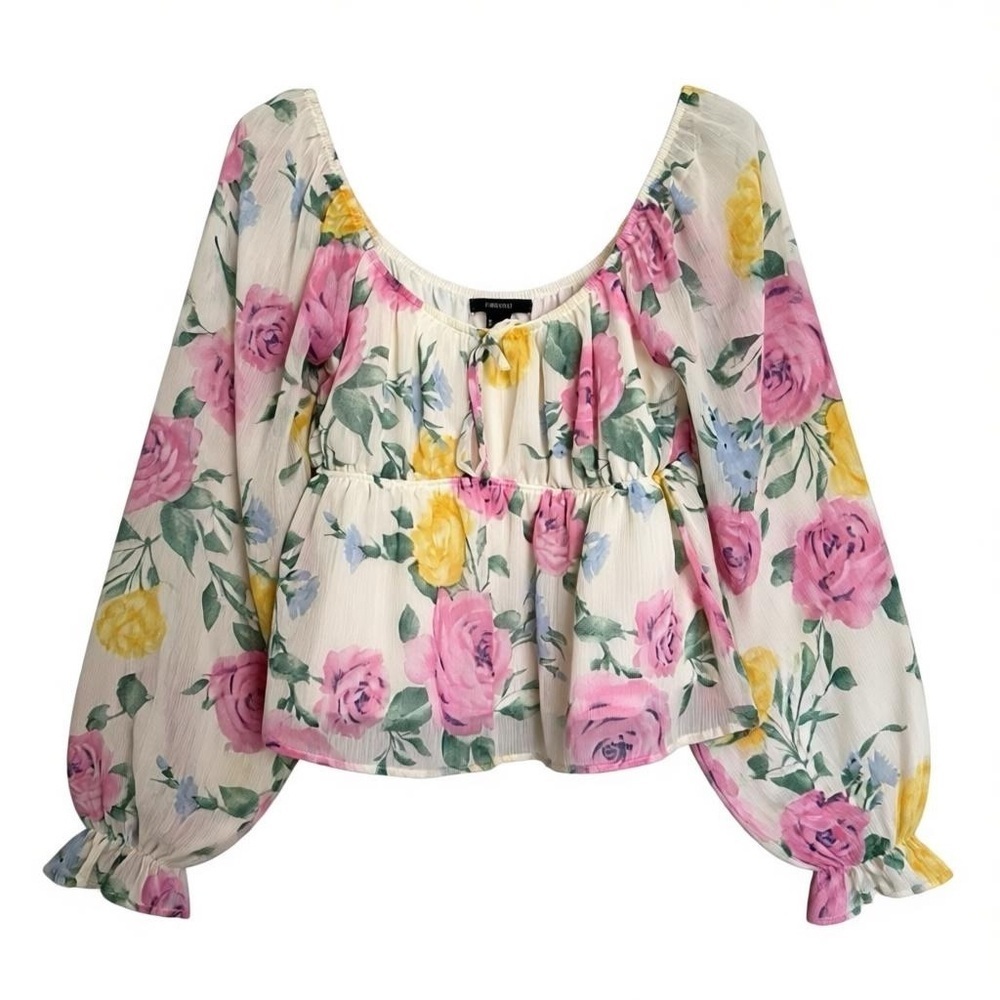 Forever 21 Floral Balloon Sleeve Peplum Blouse Size S Bloomcore Spring Cottage
